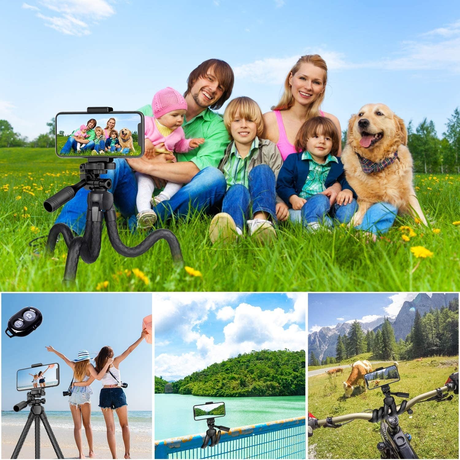 Black flexible tripod with phone clamp mount and wireless remote shutter controller