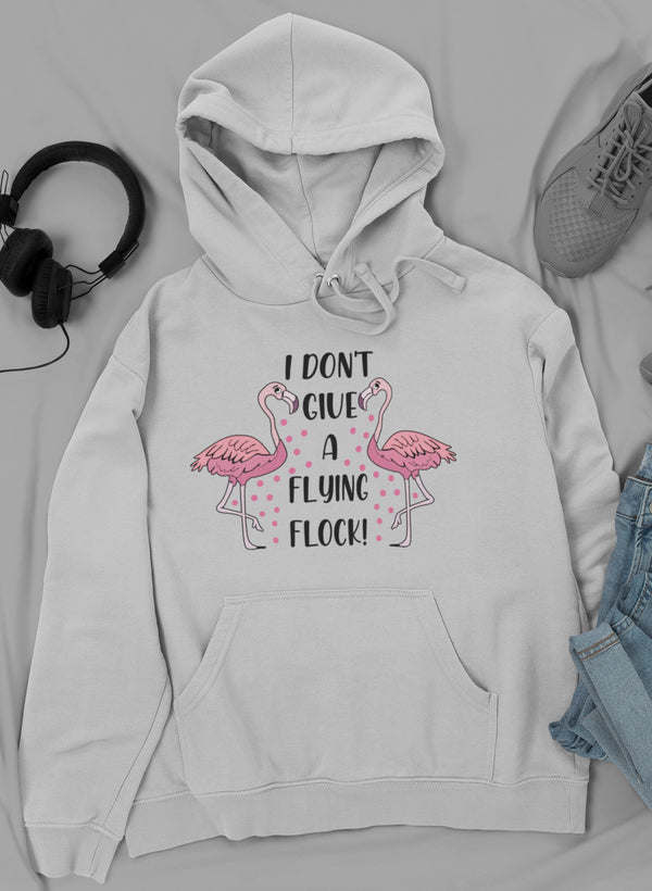 Light gray hoodie with flamingo quote graphic, front pouch pocket and drawstring hood