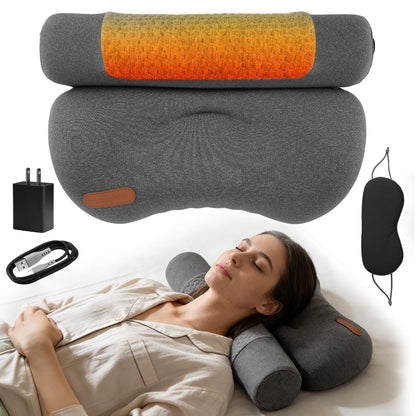 Dark grey heated neck pillow with visible orange warming panel and power cord