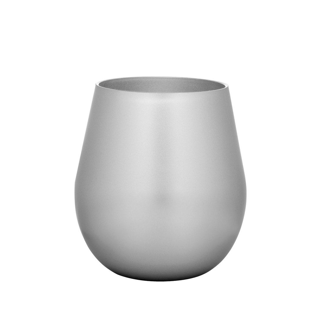 Metallic silver plastic wine glass, stemless tumbler-style goblet