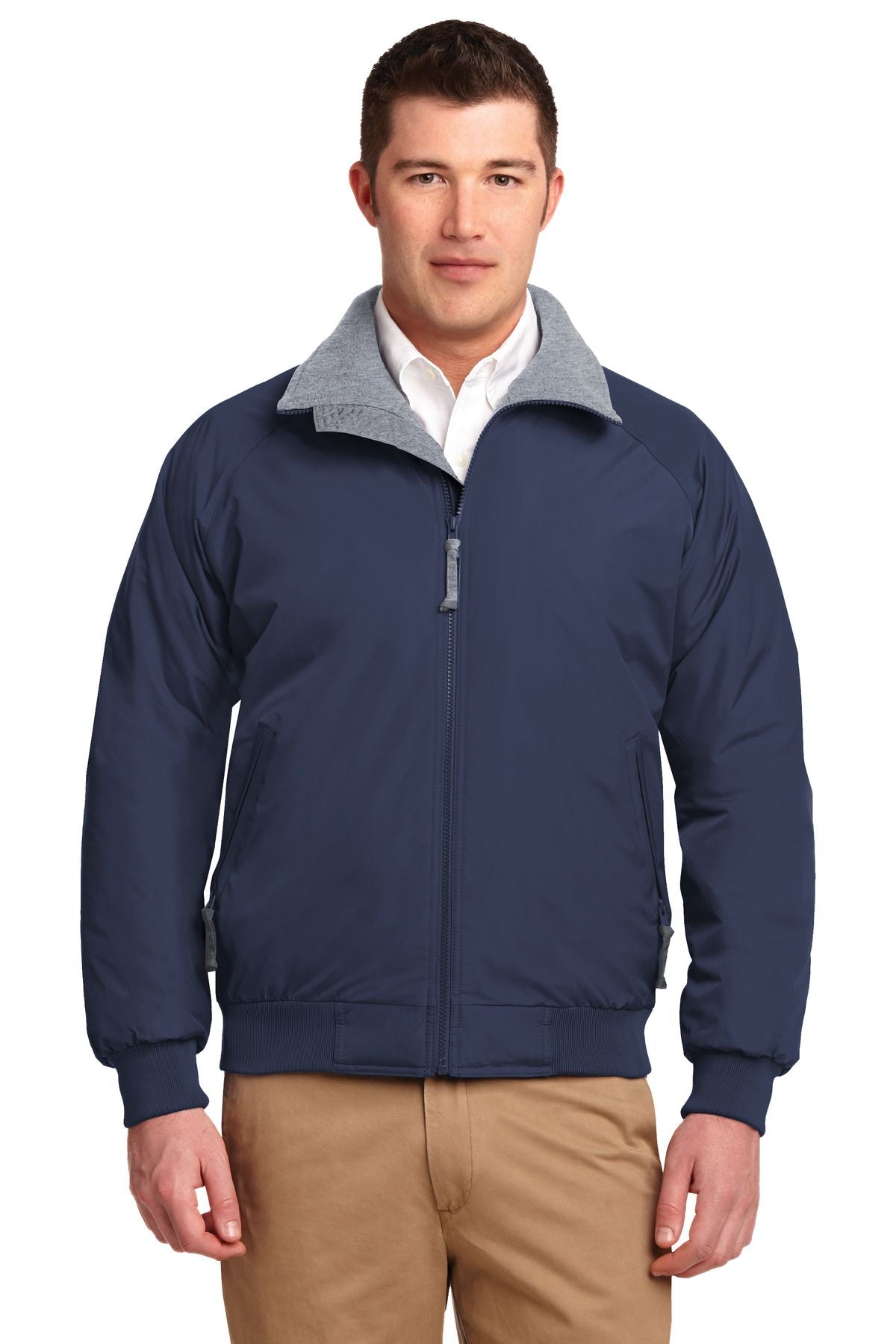 Navy full-zip jacket with stand collar and long sleeves; grey inner trim visible
