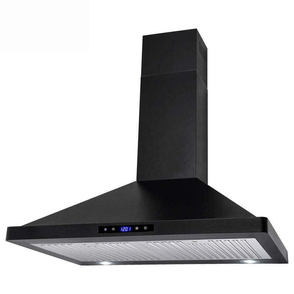 Black wall mount kitchen hood with chimney stack and stainless vented filter tray