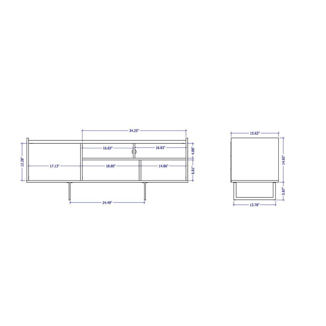TV stand layout diagram with side and front dimensions