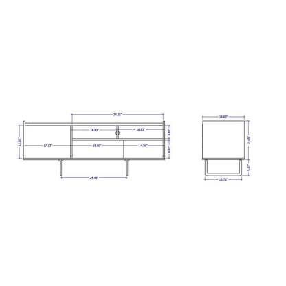 TV stand layout diagram with side and front dimensions