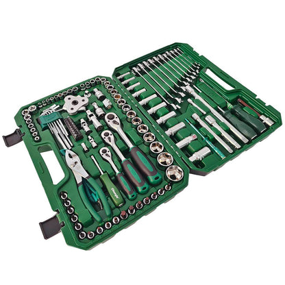 Socket wrench organizer tray with sockets, ratchet parts, and green-handled tools