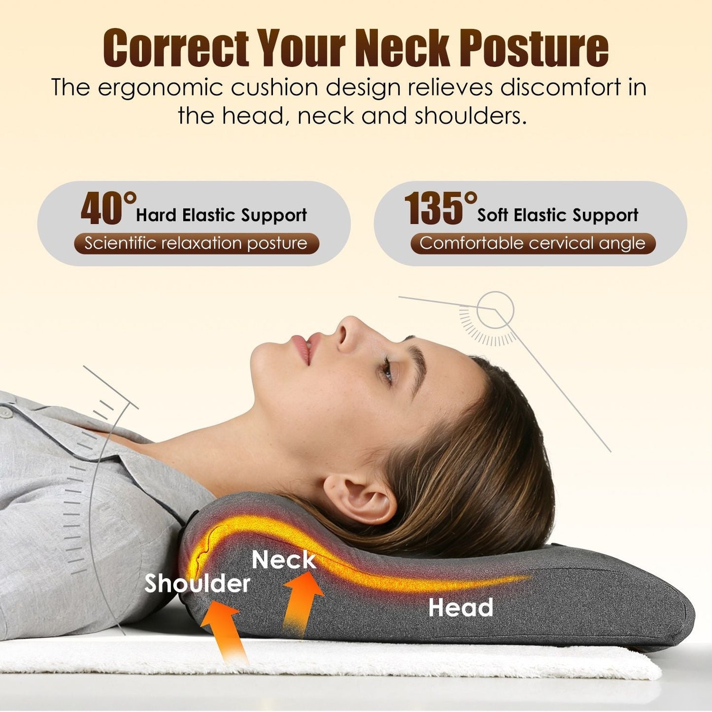 Dark gray ergonomic neck massager pillow with curved bolster and heating area