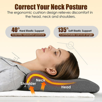 Dark gray ergonomic neck massager pillow with curved bolster and heating area