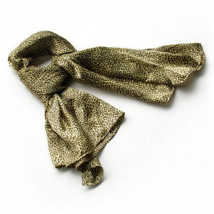 Small silk scarf, olive and tan leopard-print with soft draped ends
