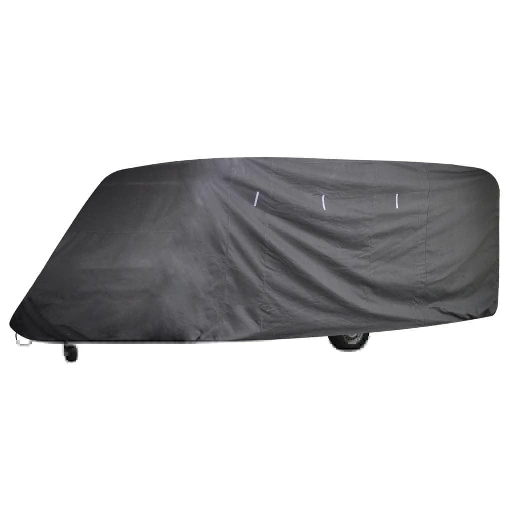 Gray caravan cover fitted over the front and side of a travel trailer
