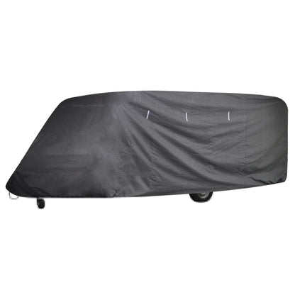 Gray caravan cover fitted over the front and side of a travel trailer
