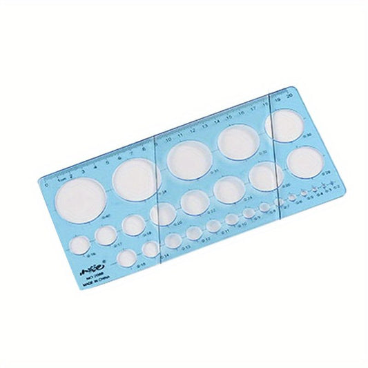 Blue transparent square drawing ruler with circular cutouts and measurement markings