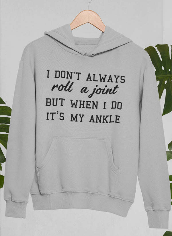 Athletic heather gray pullover hoodie with front pocket and printed slogan