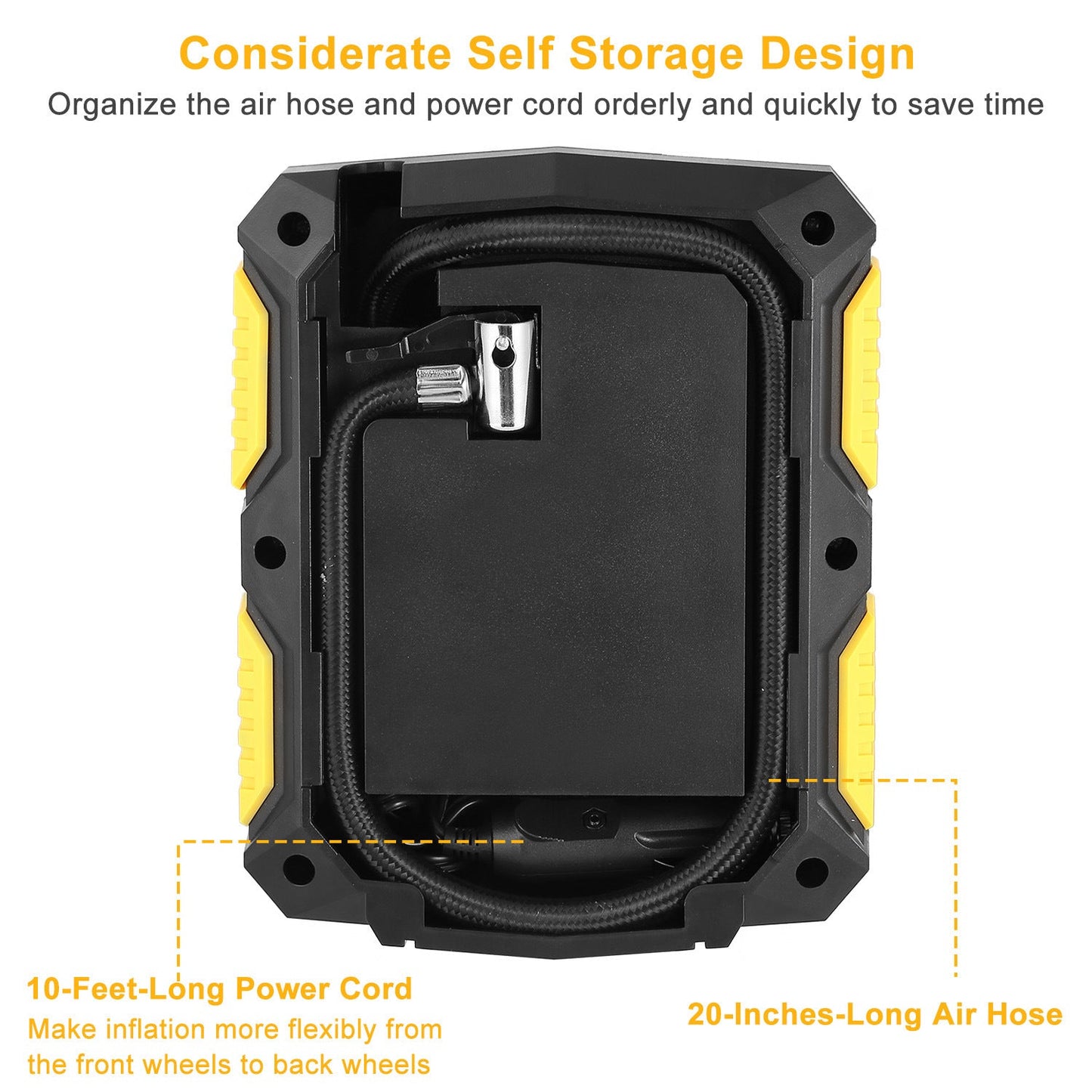 Tire inflator pump with cover-open storage for air hose and power cord