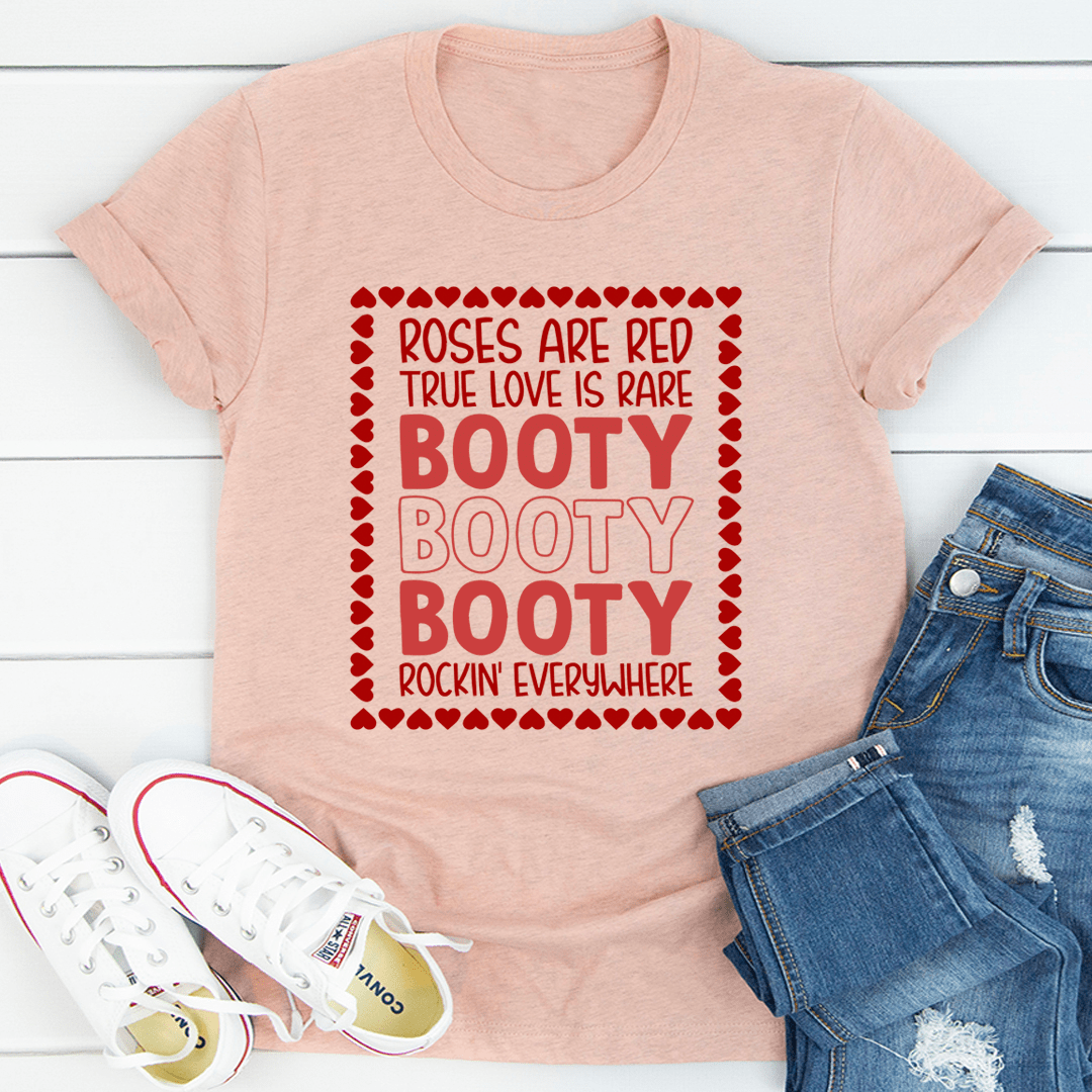 Heather peach T-shirt with red heart-framed 'BOOTY' text graphic, crew neck