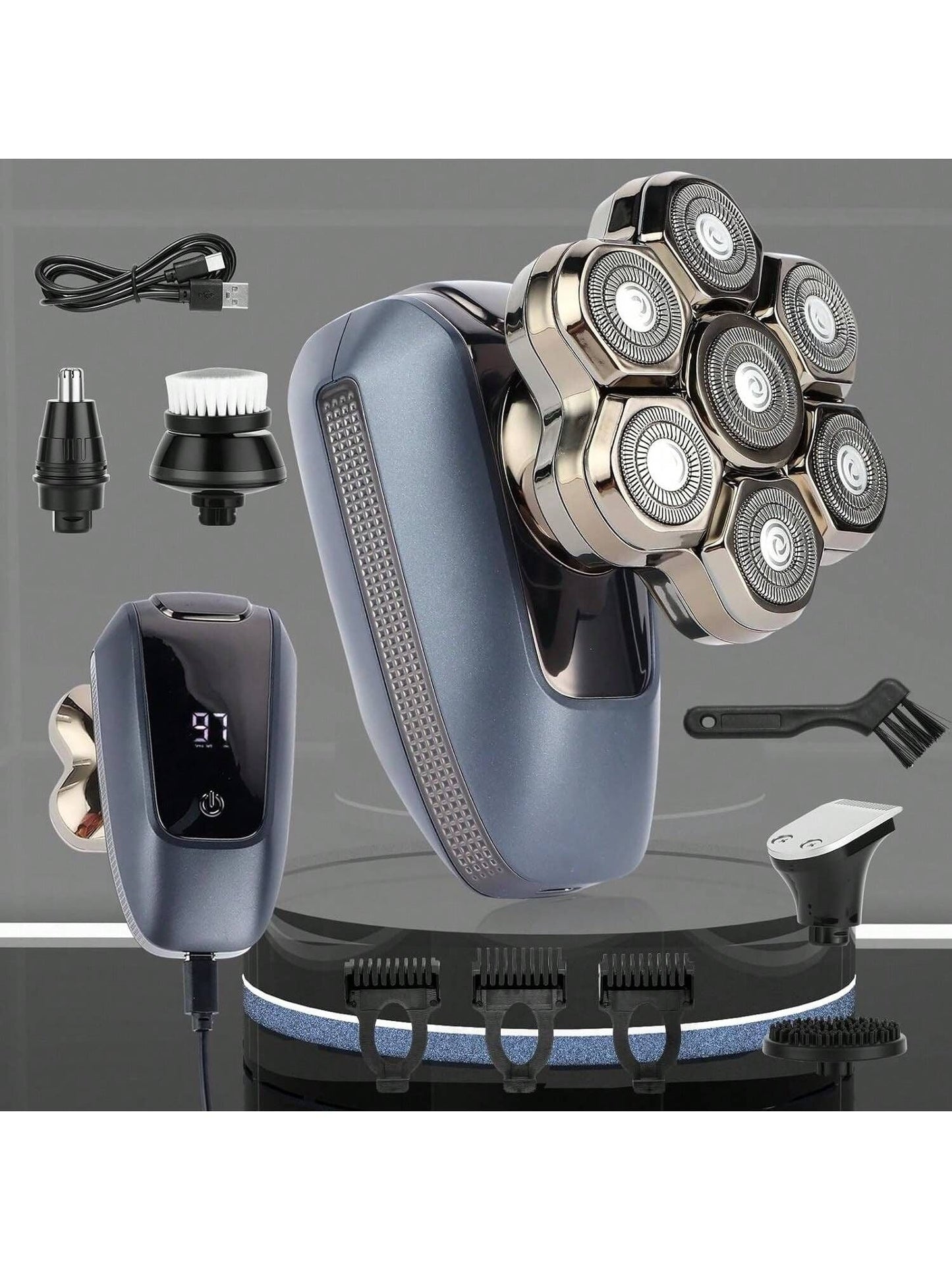 Electric rotary shaver with charging stand and cable, dark blue body and head