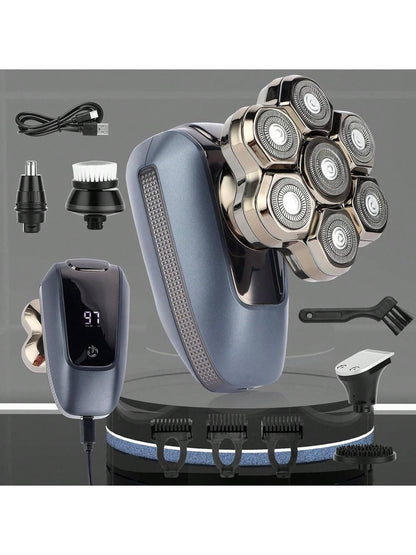 Electric rotary shaver with charging stand and cable, dark blue body and head