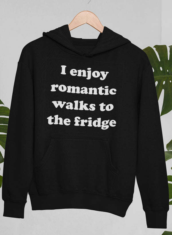 Black hoodie with hood and long sleeves, front text graphic and pouch pocket