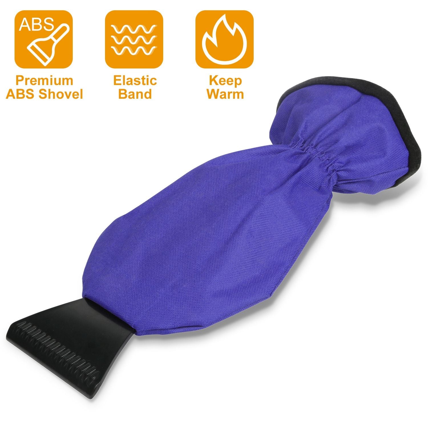 Blue ice scraper mitt with black scraper blade, elastic cuff, fleece lining