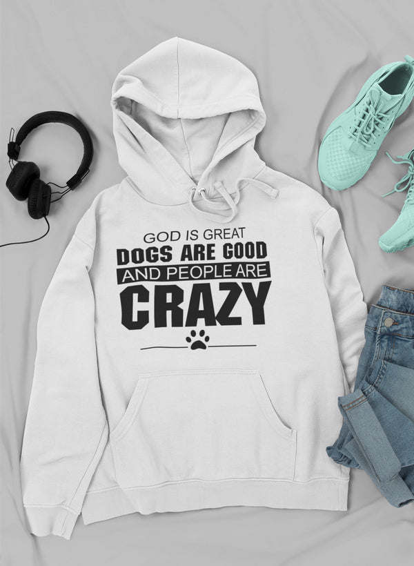 White hoodie sweatshirt with front graphic text 'CRAZY' and paw print icon