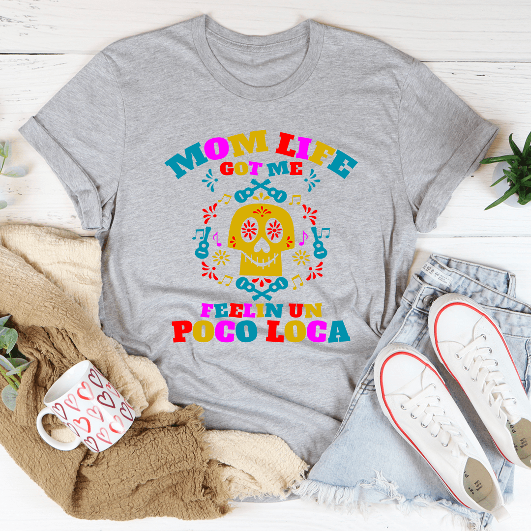 Gray T-shirt with colorful skull and “Mom Life” text graphic, crew neck