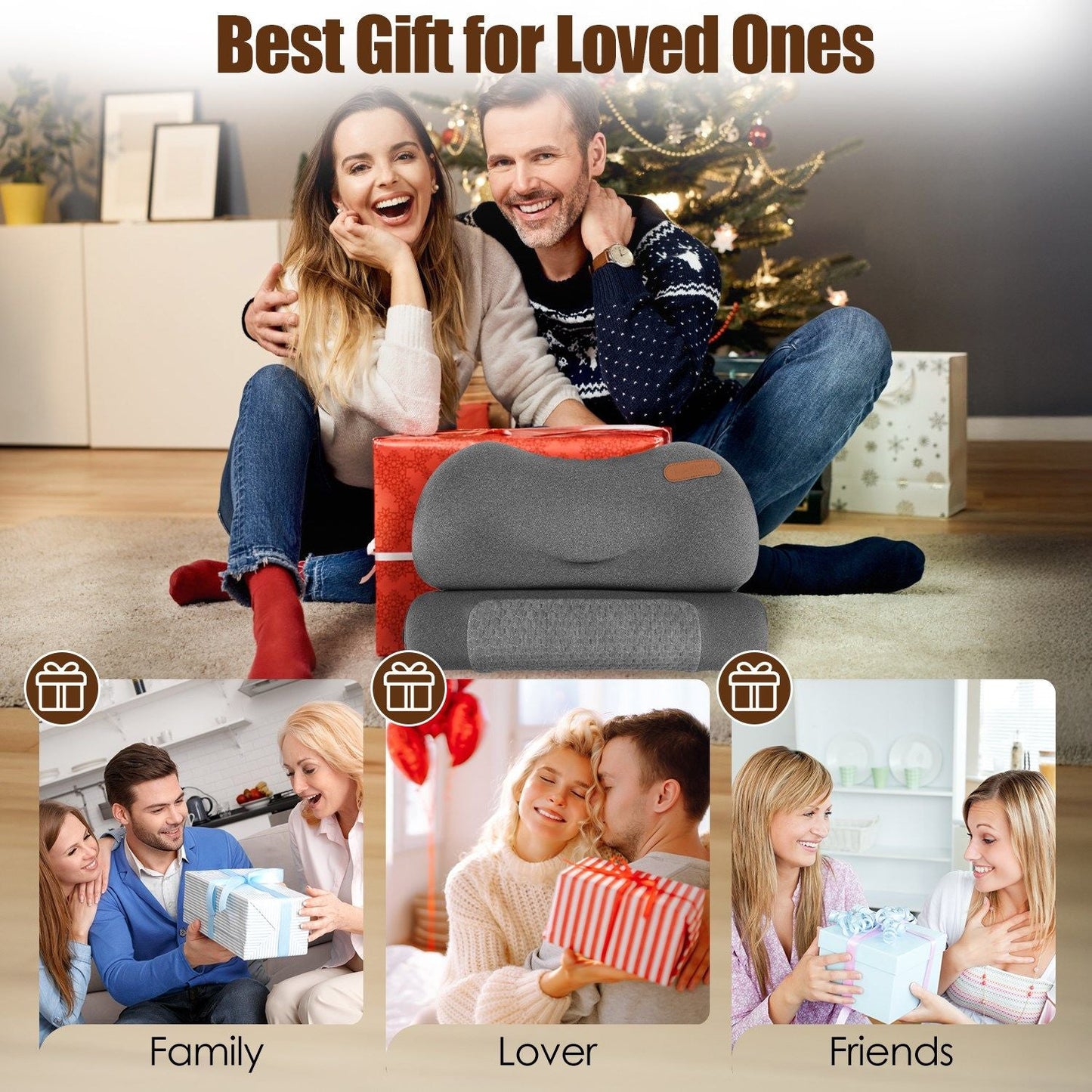 Dark grey heated neck pillow placed on a wrapped gift set