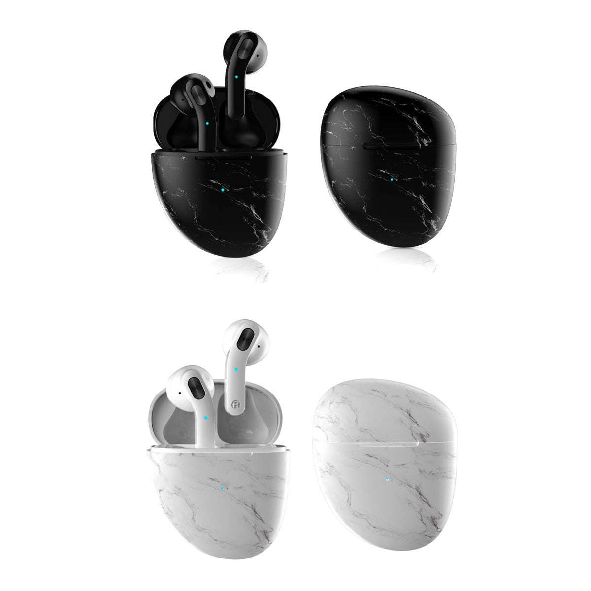 Black twin Bluetooth earbuds with dark marble-look charging case and LED status lights