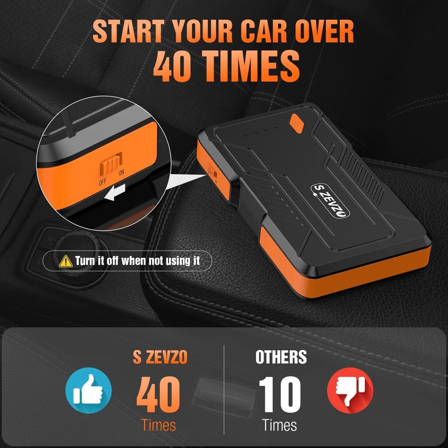 Orange and black jump starter with power switch on the top panel
