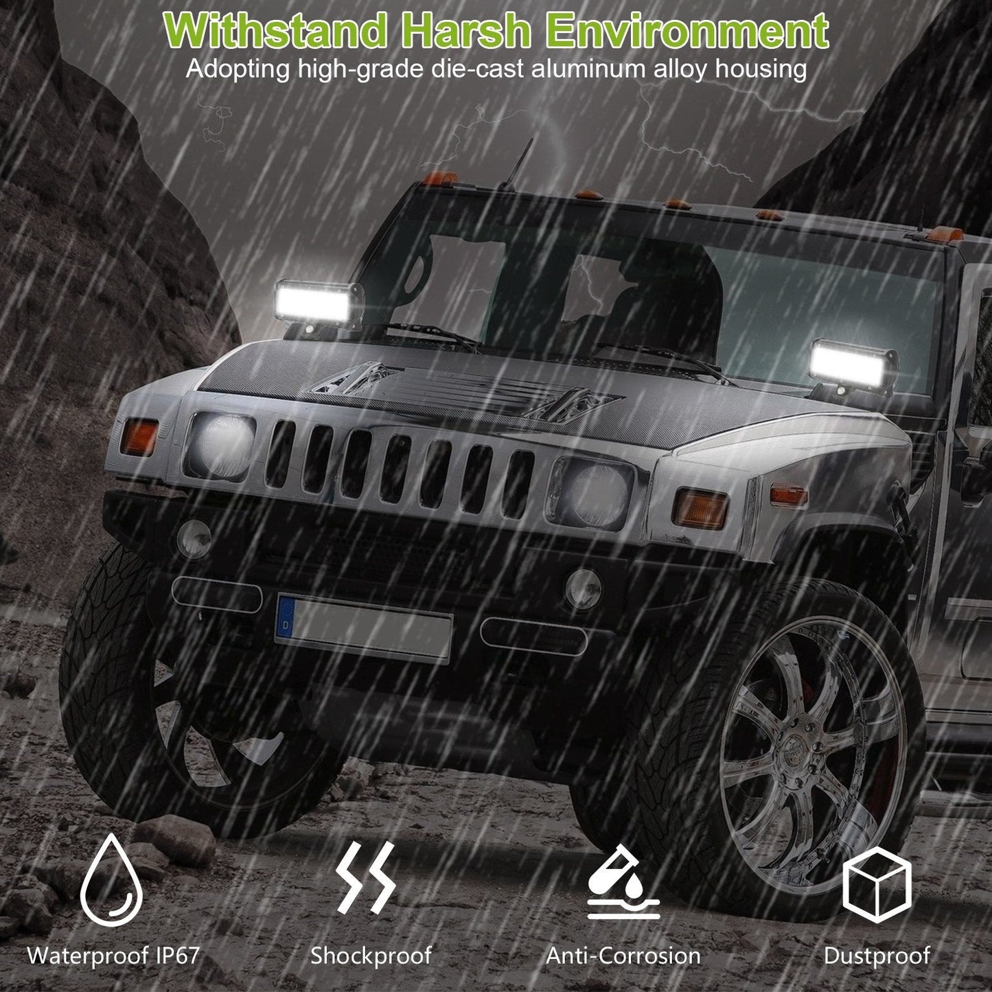 Black die-cast LED work light bar with front LED array and mounting hardware