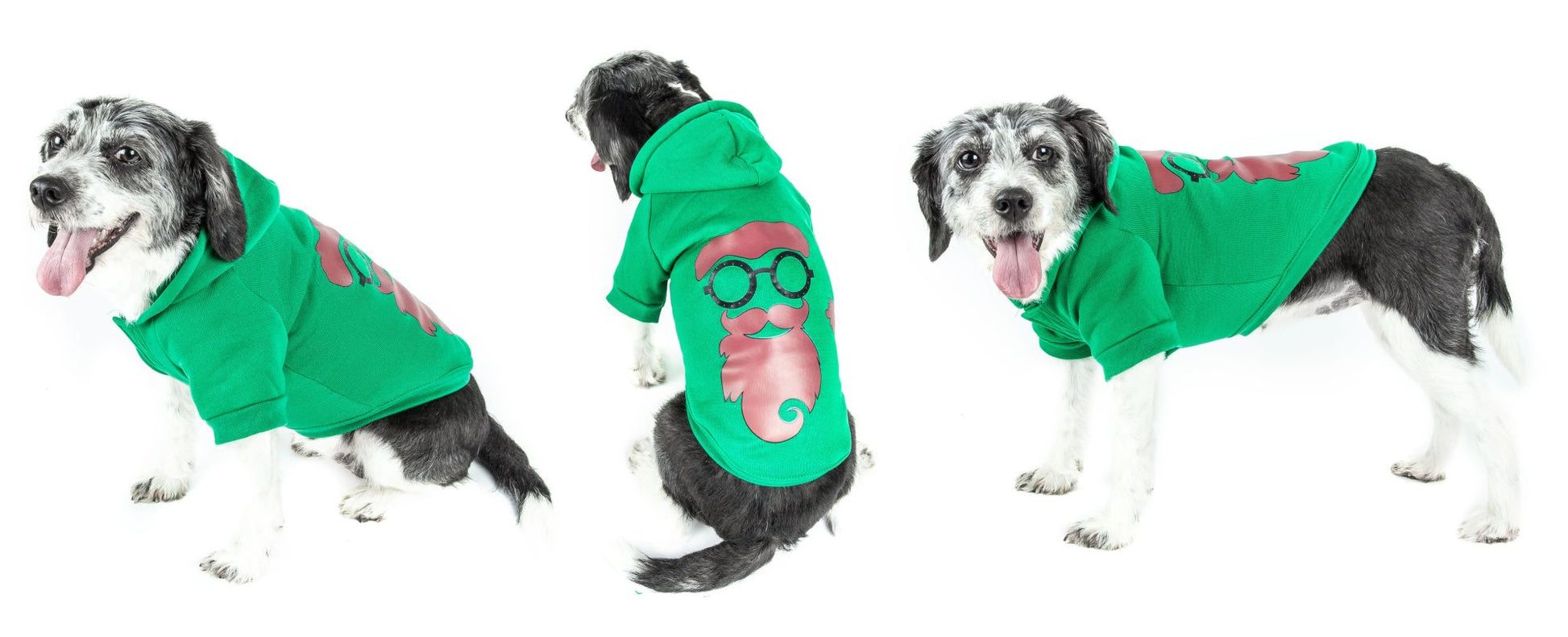 Green hooded pet sweater with Santa shades design, worn by three dogs