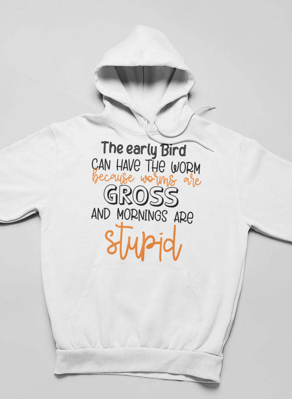 White pullover hoodie with large front graphic and kangaroo pocket