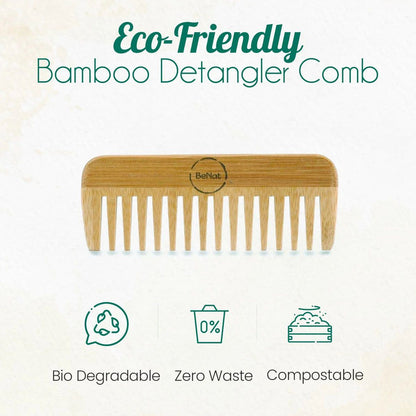 Bamboo detangling comb with straight wide teeth and a rounded top handle, light brown.