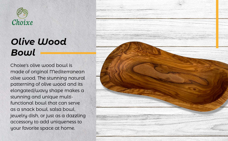 Olive wood multi-purpose bowl with elongated oval form and visible swirling wood grain.