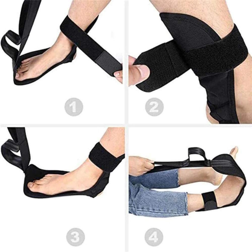 Yoga stretching support strap showing adjustable black ankle cuff and strap loops.