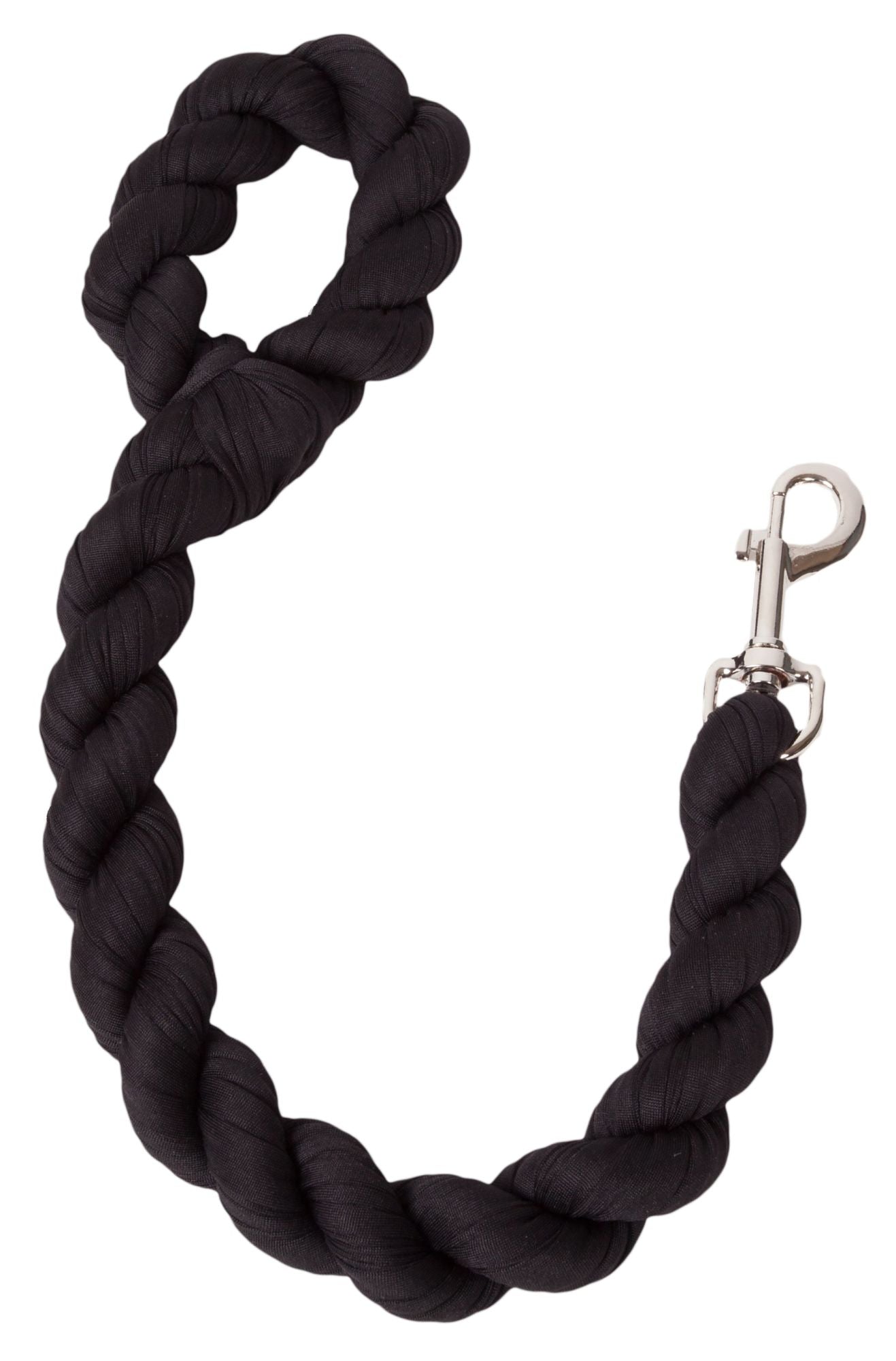 Black braided dog leash with metal carabiner clip, shown as a loop