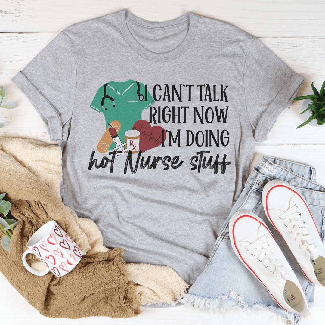 Gray nurse T-shirt with colorful text and scrub graphic