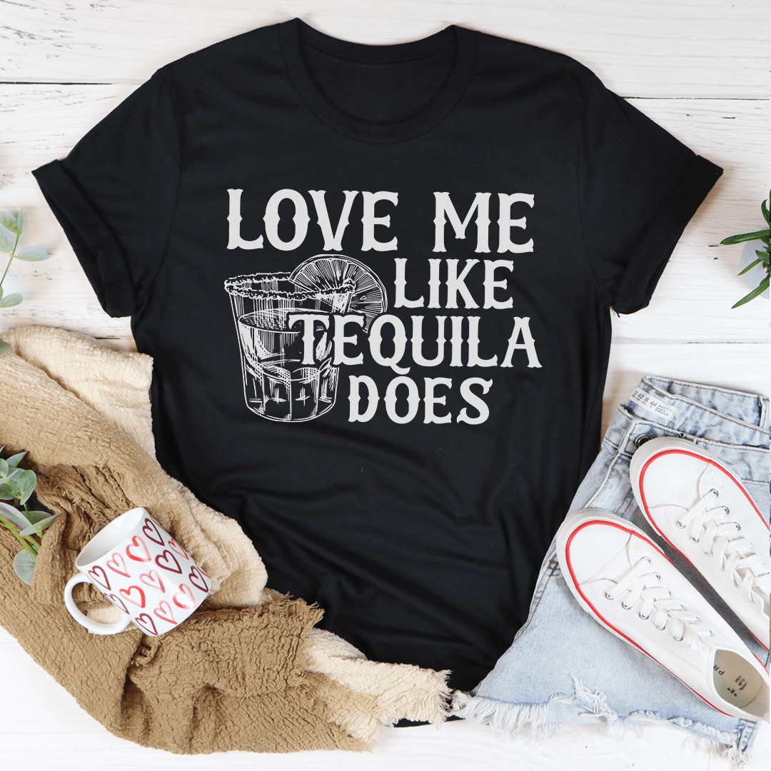 Black crewneck T-shirt with white tequila slogan graphic on front