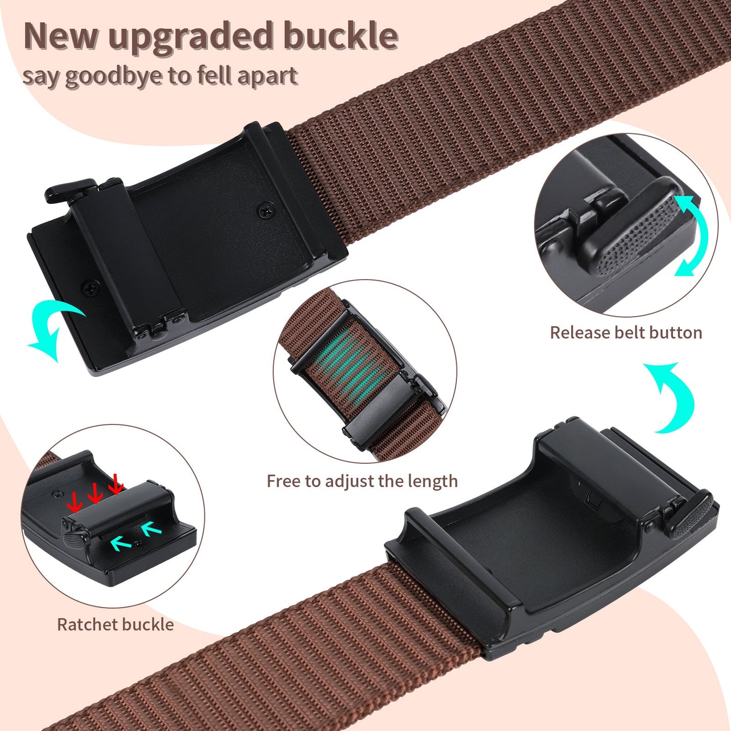 Brown nylon web belt with black ratchet buckle and release button, length adjust detail