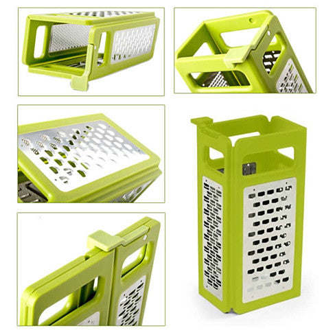 Green foldable slicer and grater shown in multiple angles and folded positions