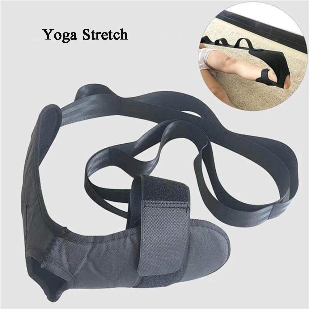 Yoga stretching support strap kit, black ankle cuff with connected resistance belt.