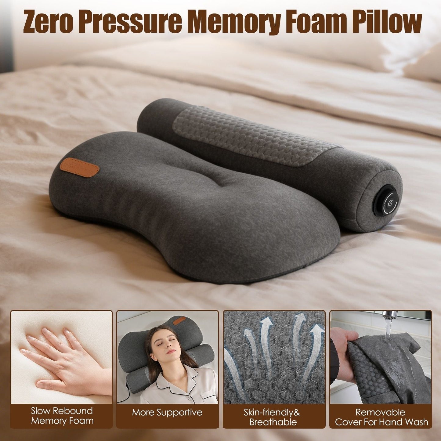 Dark grey zero-pressure memory foam neck pillow with orange tab and removable cover