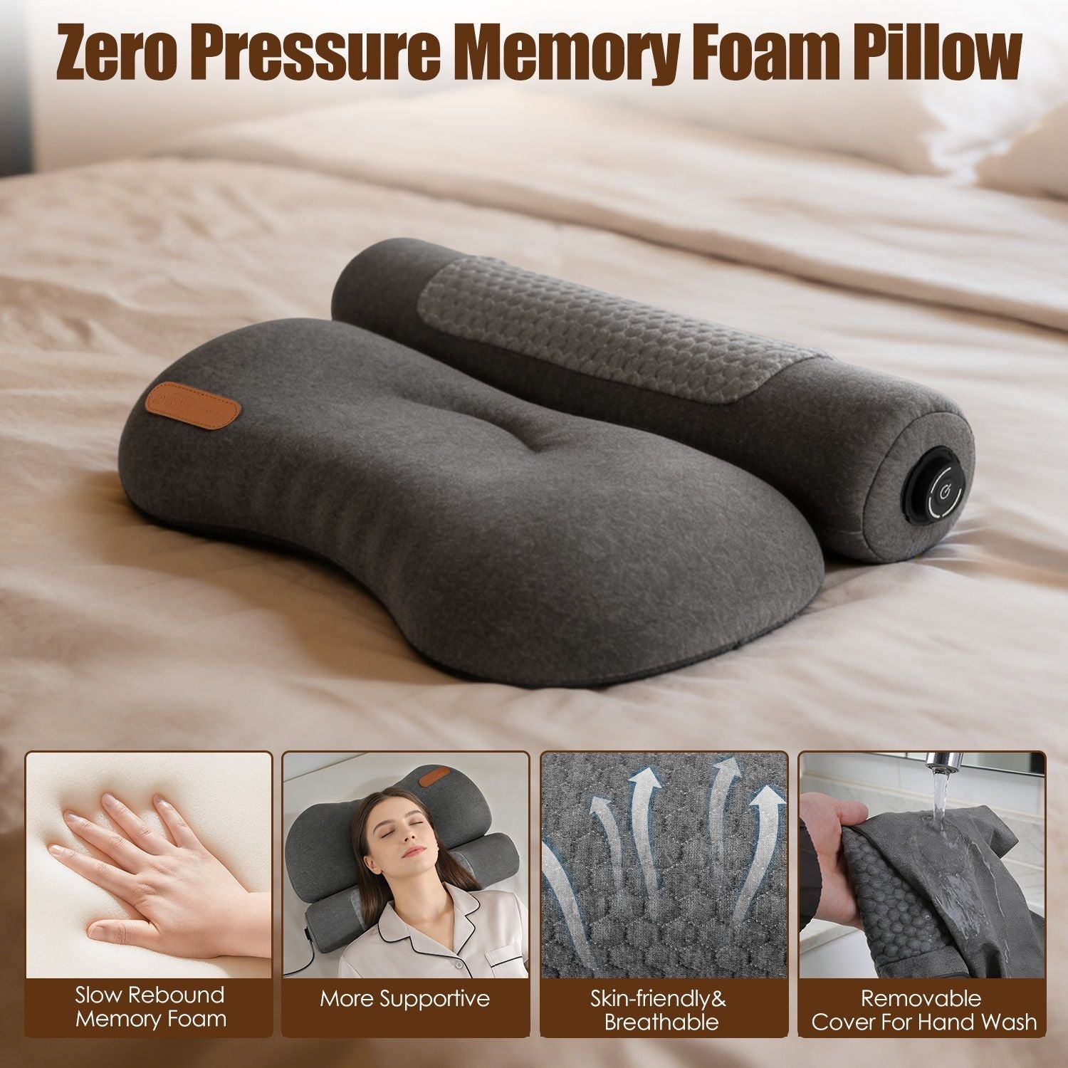 Dark grey zero-pressure memory foam neck pillow with orange tab and removable cover