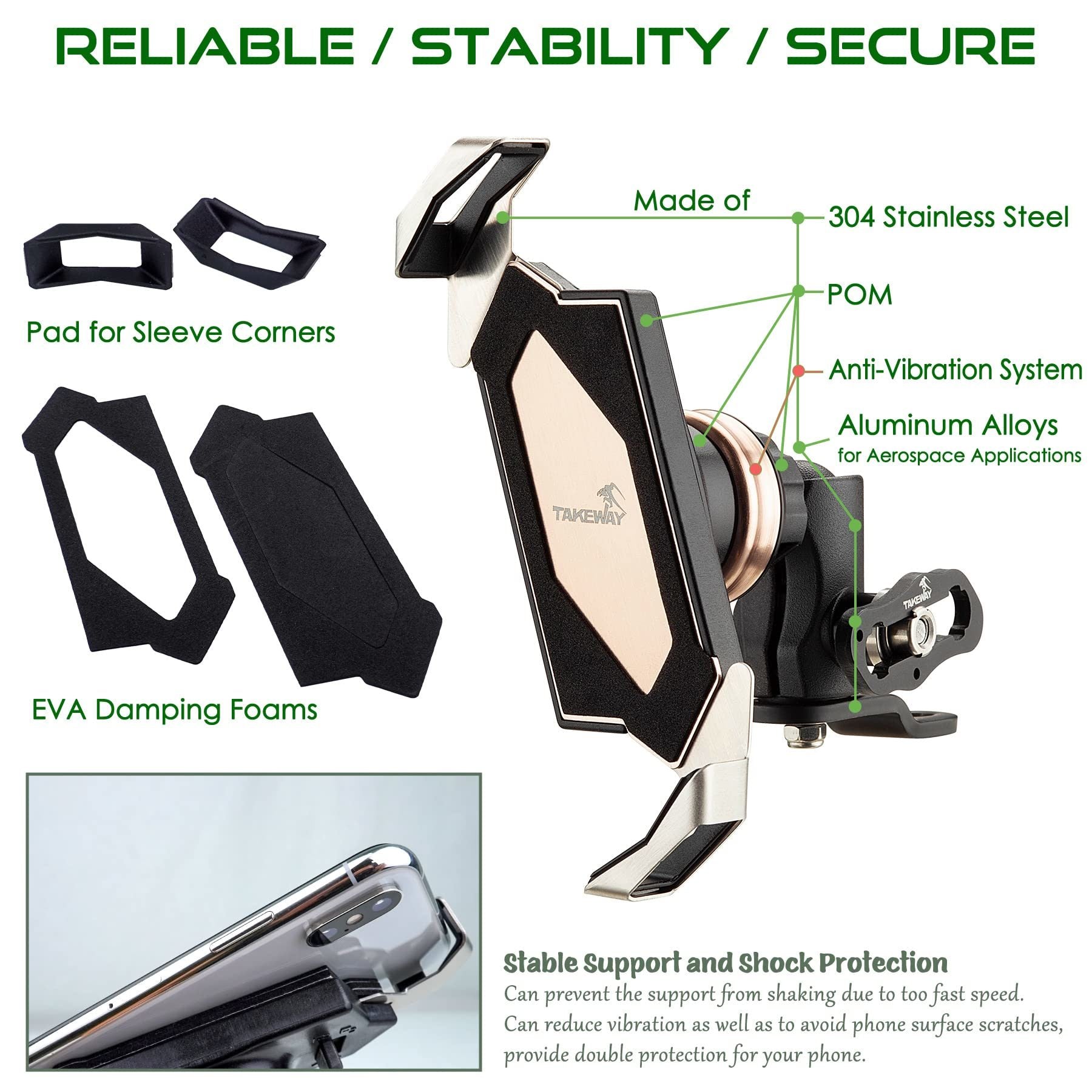 Anti-vibration motorcycle mirror phone mount with foam pads and metal support arm