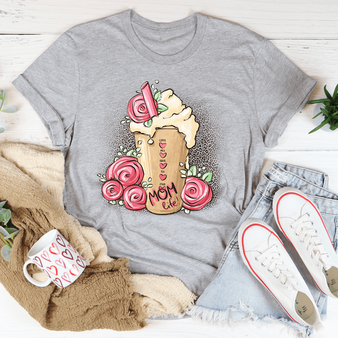 Gray graphic T-shirt with latte cup, pink roses, and “Mom life” print, crew neck