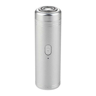 Silver mini USB shaver with round foil head and power button