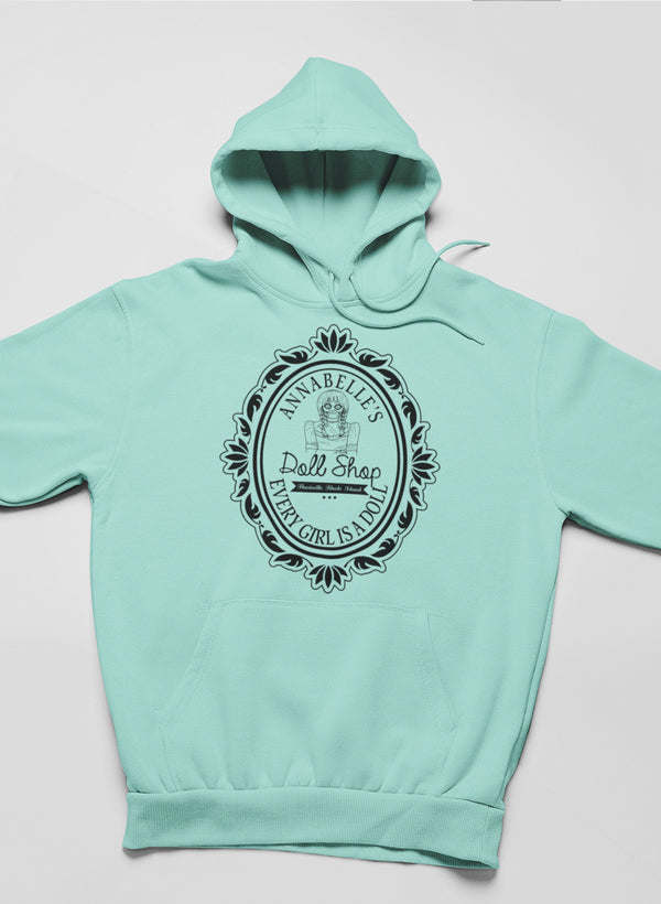 Turquoise hoodie with front chest logo, hood, and kangaroo pocket
