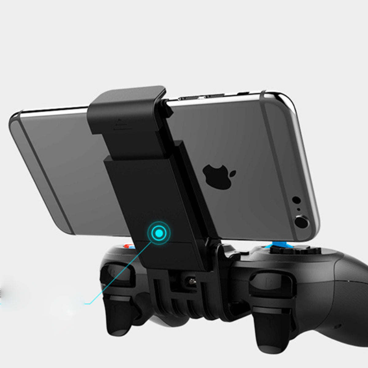 Black ipega game controller with rotating phone mount and blue indicator light