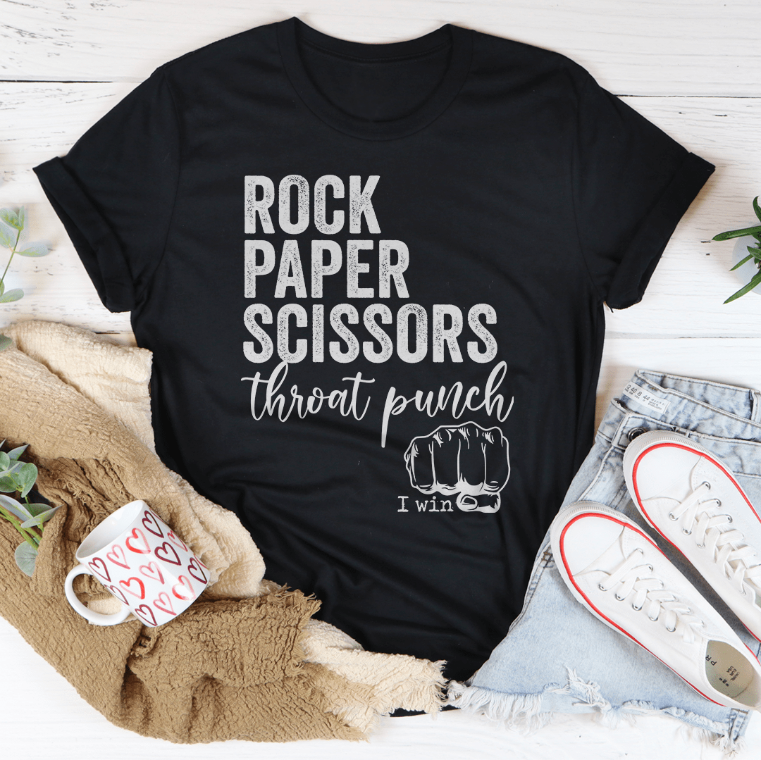 Black crewneck T-shirt with Rock Paper Scissors graphic, 'throat punch' and 'I win'