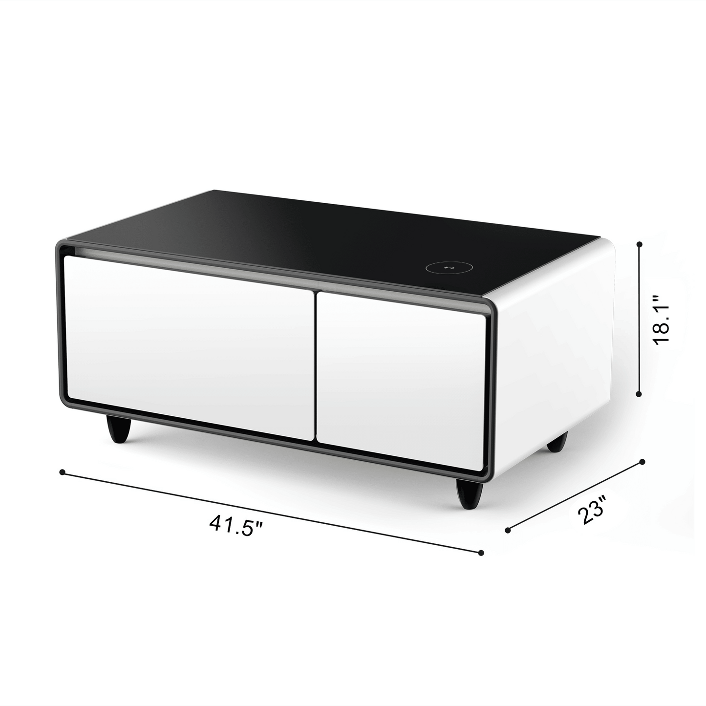 Modern Smart mini Coffee Table with Built in Fridge;  Outlet protection; Wireless charging module; Mechanical temperature control; Power socket; USB interface And power interface.