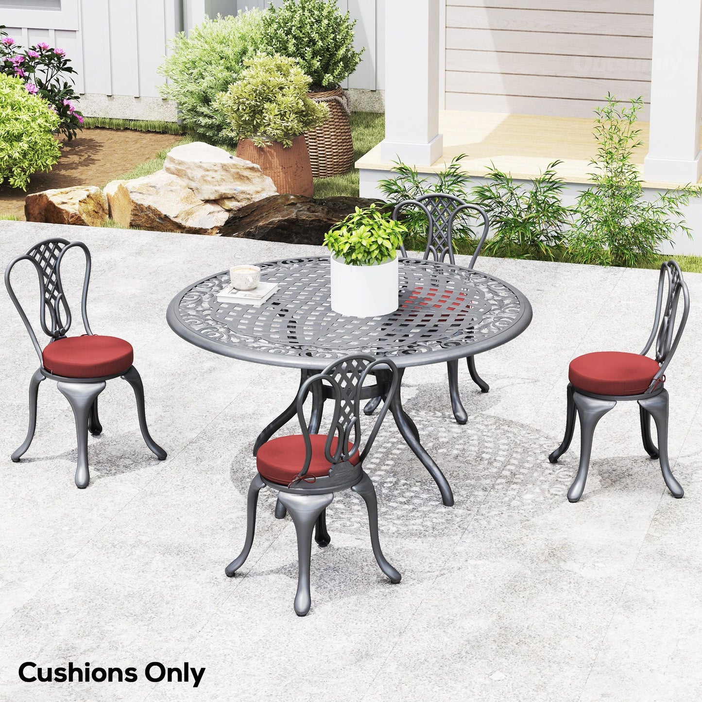 Patio Chair Cushions Set of 4 Round Seat Cushions for Dining Bistro Chairs Machine Washable, 15" x 15" x 3", Wine Red