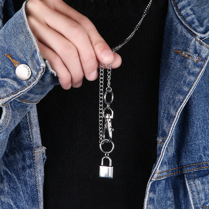 Silver-tone carabiner lock pendant necklace with padlock charm on chain